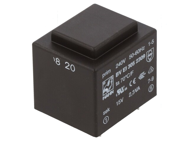 Transformator: ingegoten; 2,3VA; 240VAC; 15V; 153mA; PCB; BVEI Transformator: ingegoten; 2,3VA; 240VAC; 15V; 153mA; PCB; BVEI